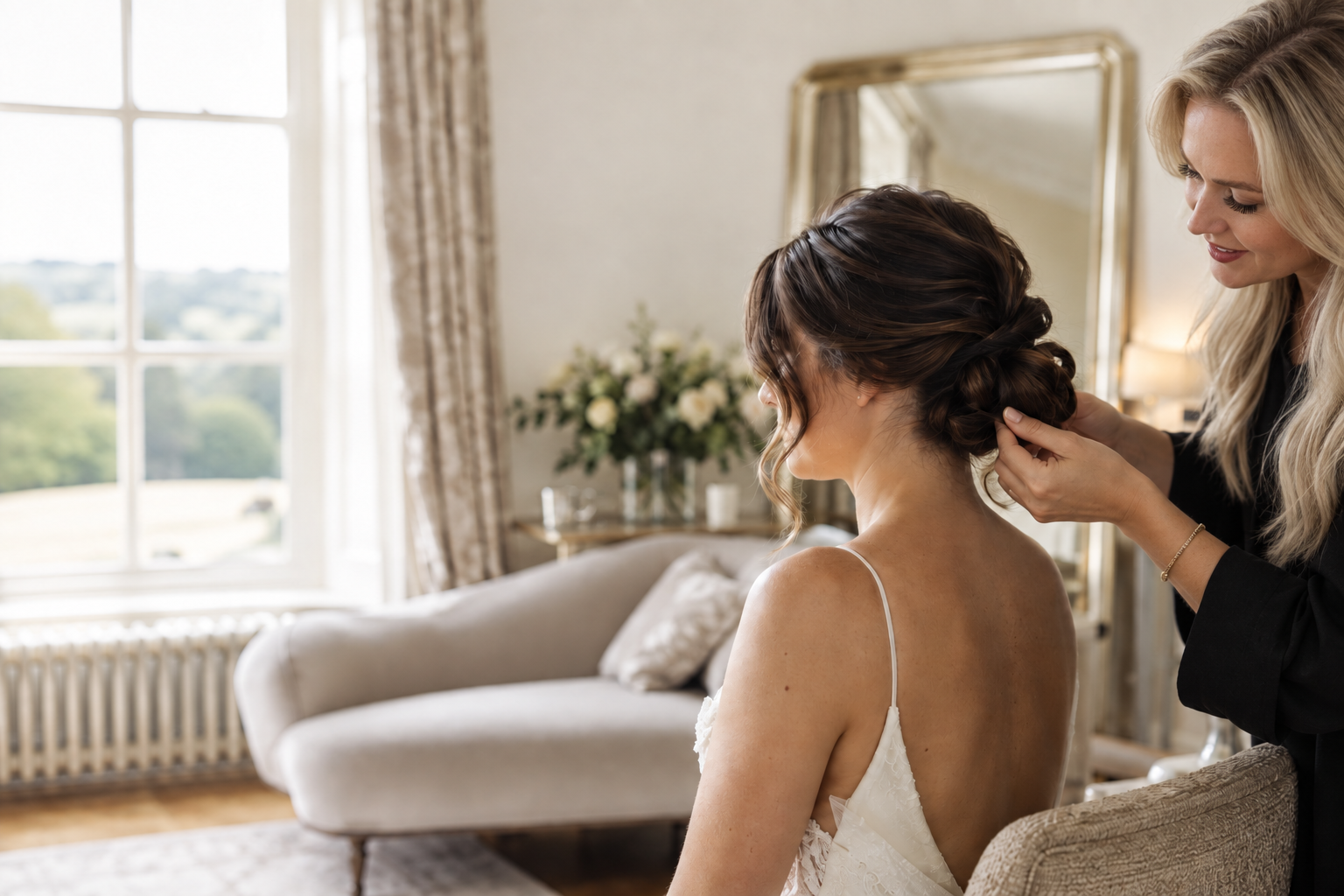 Luan finishing a modern soft low bun for a bride in a Yorkshire wedding venue