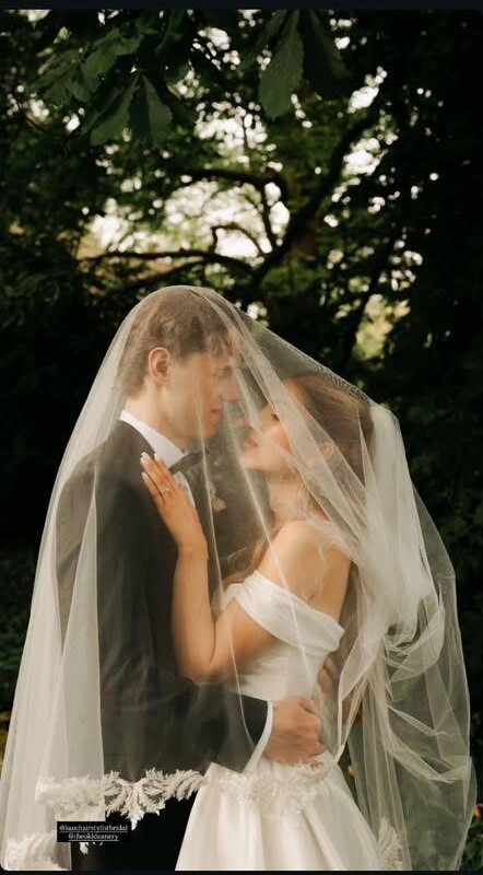 Newlyweds sharing a quiet moment beneath the bride's veil